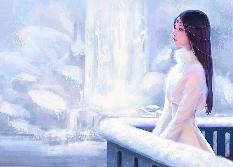 standing, white background, fantasy art, fan art, artwork, dark hair, young woman, 1080P, digital art, digital painting, women, ArtStation, balcony, long hair