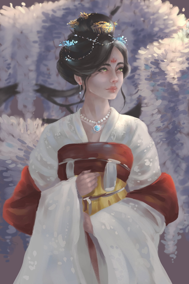 dark hair, green eyes, women, jewelry, ArtStation, 2K, artwork, Meghan Quwo, looking away, fan art, dress, young woman, white dress, hand on chest, portrait display