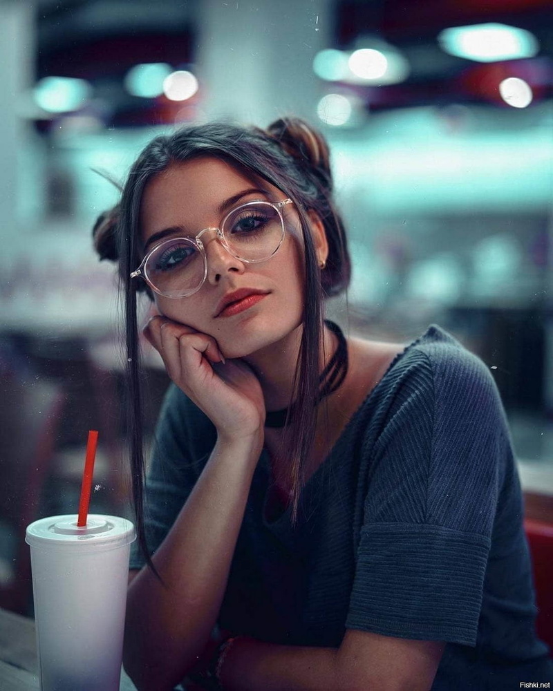 earring, looking at viewer, straw, makeup, young woman, cup, hairbun, bokeh, model, necklace, 720P, shirt, dark eyes, painted nails, touching face, watermarked