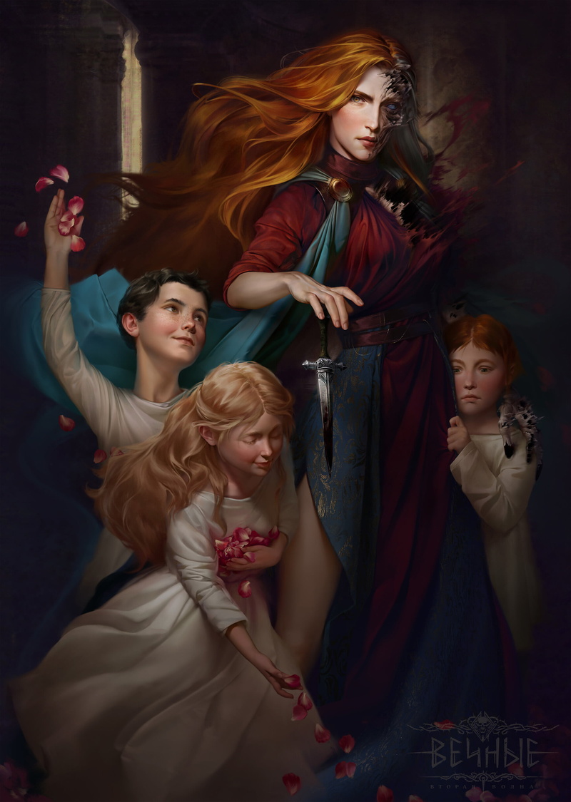 fan art, long hair, brunette, knife, white eye, blood, 2K, demon girls, digital painting, ArtStation, blonde, dress, dagger, artwork, children, white clothing