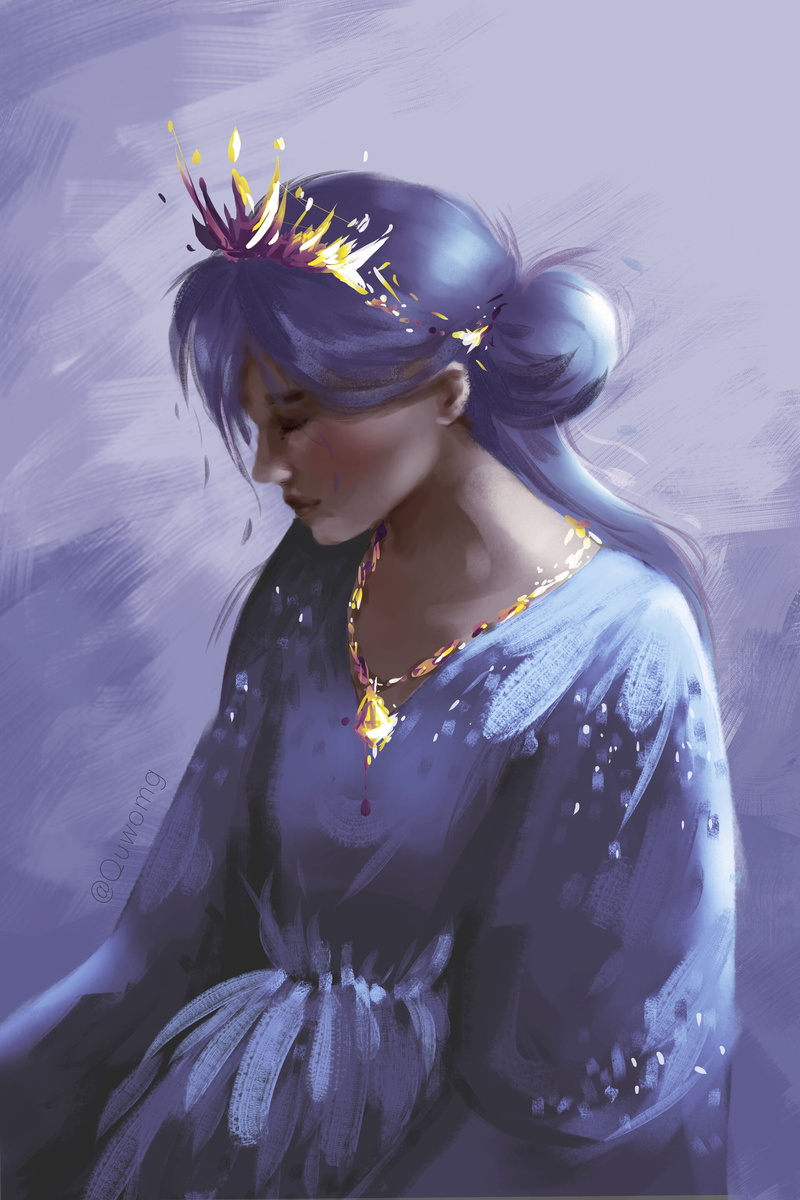 makeup, digital art, Meghan Quwo, closed eyes, 2K, purple dress, purple clothing, crown, dress, digital painting, women, hairbun, purple hair, portrait display