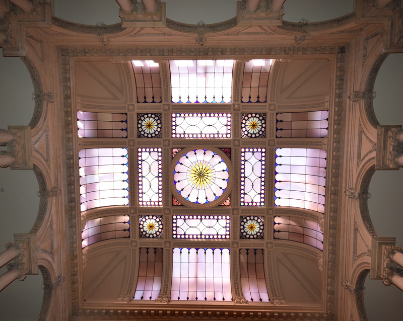 stained glass, law, low angle view, osgoode hall, floral pattern, place of worship, day, indoors, building, artistic, cupola, appeal, shape, landmark, no people