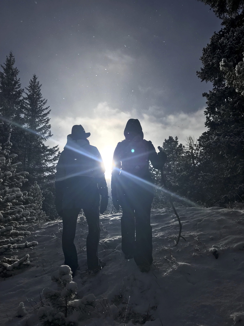 beauty in nature, starburst, snowing, snow, trees, outdoors, cold temperature, mother, plant, couple - relationship, tree, full length, nature, mount evans
