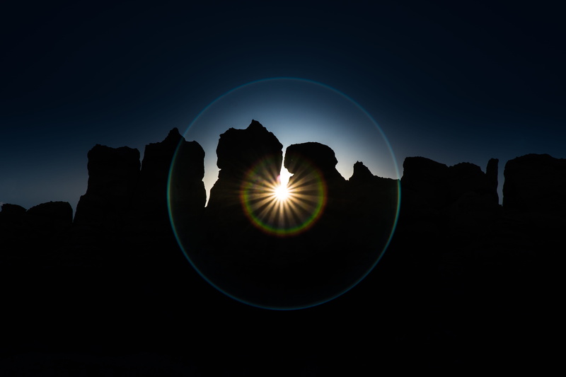 lens flare, night, patrick hendry, circle, illuminated, astronomy, starburst, scenics - nature, outdoors, rock, 8K, copy space, sunburst, sky, sunrise