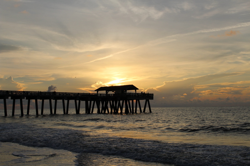 georgia, sunrise, island, outdoors, tranquil scene, water, sky, horizon over water, cloud - sky, pier, tybee, horizon, tranquility, sunset, ocean, architecture