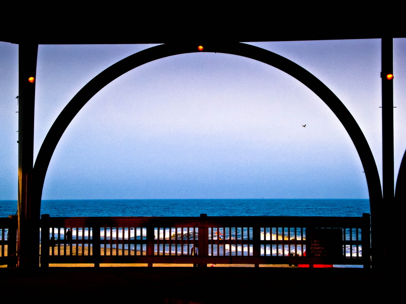 no people, blue, horizon over water, tybee island, window, arch, scenics - nature, 2K, beauty in nature, ocean, water, nature, railing, tranquility, clouds