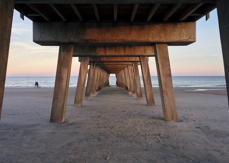 coast tybee island, pier, no people, built structure, architecture, underneath, beauty in nature, georgia, sea, pier beach, wood - material, ocean, day