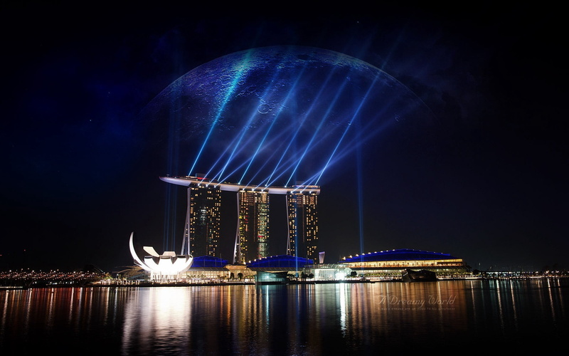 spinning, city, marina Bay, nature, urban Skyline, waterfront, architecture, urban Scene, asia, moon, illuminated, space, 1080P, no people, transportation