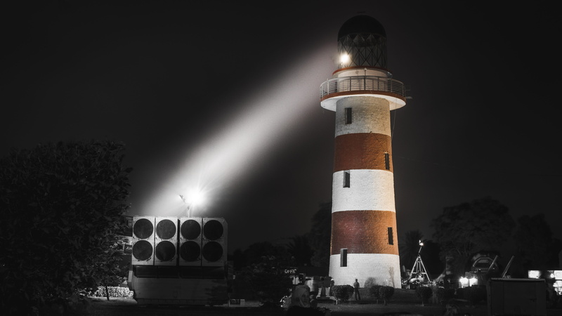 built structure, 4K, ray, beam, red, government, lighting equipment, communication, no people, searchlight, beacon, coast, travel, field, outdoor, low angle view