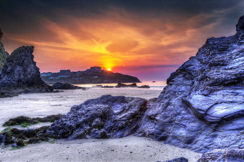 beach, rocks, sunset, Newquay, England, nature, sea, 1080P