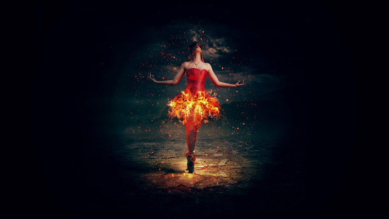 performance, fantasy, clothing, a lot of fire, 4K, limb, fire, mistery, dress, human arm, young adult, black background, night, motion, one person, women