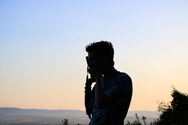 750d, mountain, sunset, young adult, shadow, green, clear sky, hair, standing, spain, plants, black, scenics - nature, fade, nature, casual clothing, photo