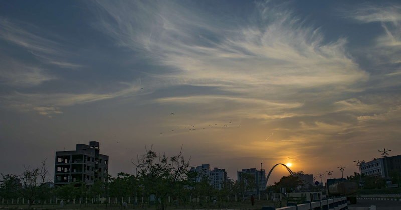 building exterior, urban skyline, orange color, sunset, clowds, architecture, apartment, tree, nature, plant, 4K, cloud - sky, building, outdoors, residential district