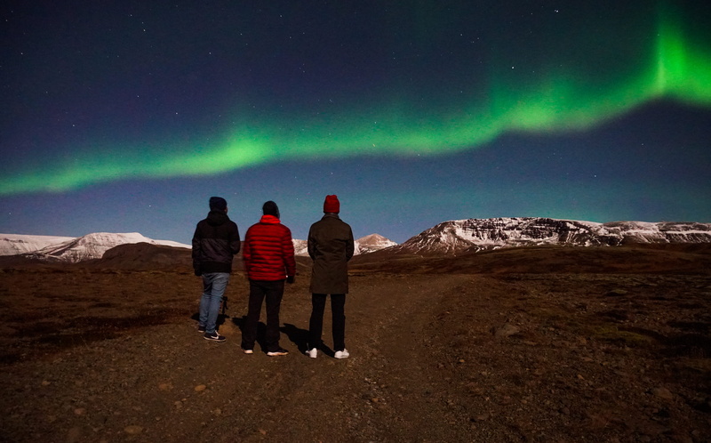 travel, togetherness, traveler, aurora boreal, northern lights, men, cold, winter, space, rear view, full length, bloggere, standing, sky, amazing, handsome