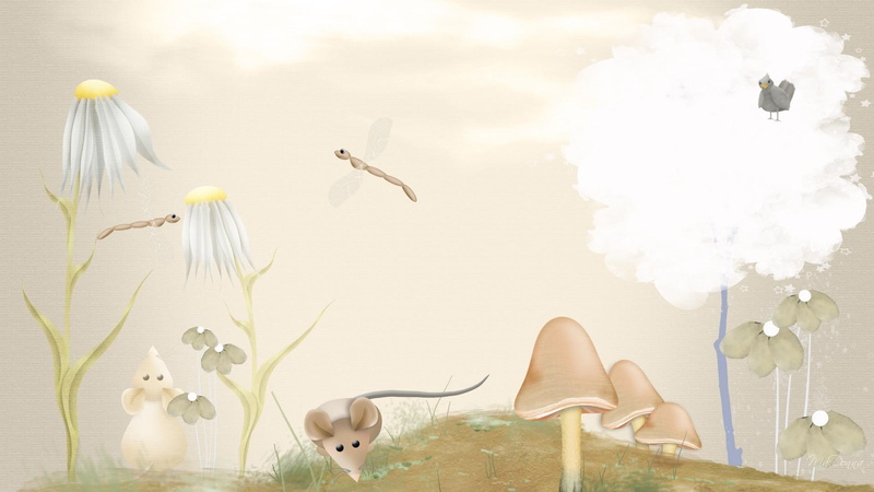 mouse, tree, flowers, animals, dragonfly, mice, firefox persona, adventures, mushrooms, toad stools, 1080P, bird