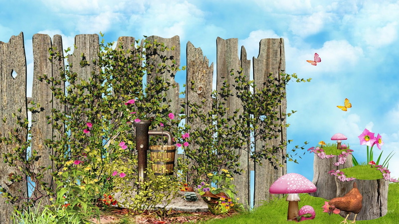 vintage, chicken, stumps, grass, illustration, butterfl, fairy, 1080P, fantasy, firefox persona, garden, mushrooms, brown, water pump