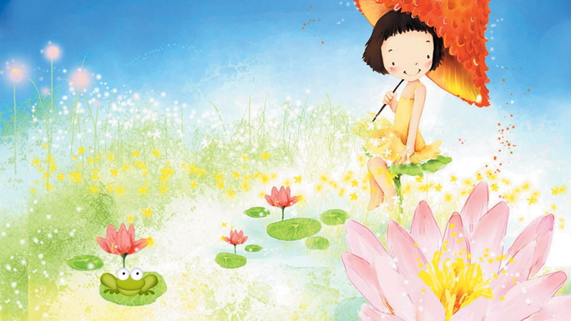 umbrella, spring, whimsical, water lilies, flowers, summer, 1080P, firefox persona, umbrellla, cute, girl, pond