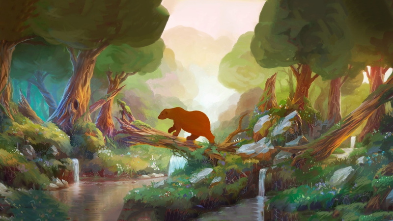 forest, rivers, soft, nature, fantasy, bears, children, kids, anime, stream, waterfall, sunlight, 1080P, paintings, art, animals, trees, cartoon