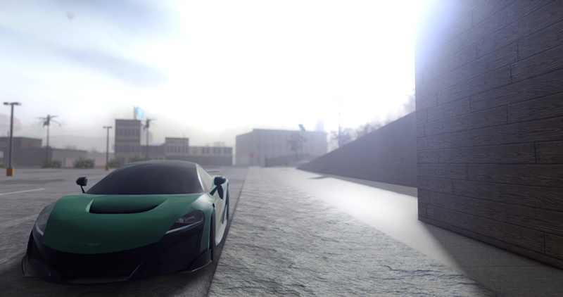 Pacifico (Roblox Game), sidewalks, city, parking lot, sun rays, wall, McLaren, 2K, Roblox