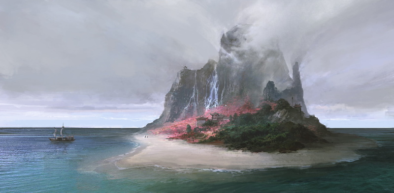Asian architecture, fantasy art, architecture, mountains, waterfall, sea, cherry blossom, 1080P, artwork, ship, beach, island