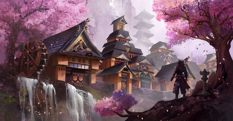 artwork, fantasy art, cherry blossom, waterfall, architecture, Asian architecture, 1080P
