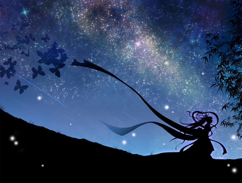 light - Natural Phenomenon, tranquility, silhouette, illustration, art, space, star field, fantasy, shiny, blue, mokoppe, beauty in nature, night, landscape