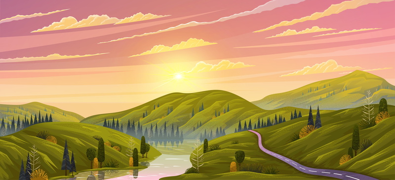 Sun, green, clouds, river, trees, plains, hills, 5K, forest, sky, sunset, vector, landscape, nature, road