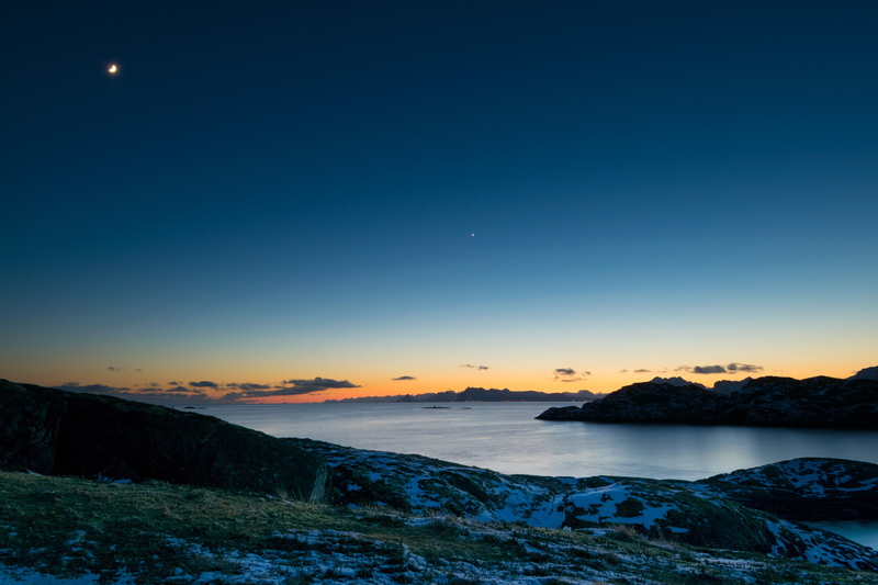 tranquil scene, land, clear sky, rock, seashore, tranquility, beach, scenics - nature, water, copy space, sky, Moon, no people, blue, nature, idyllic, sunset