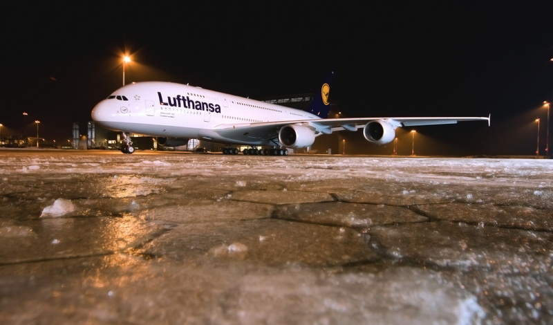A380, white, Ice, Winter, Airliner, Airport, 1080P, Airbus, Night, Lufthansa, The plane