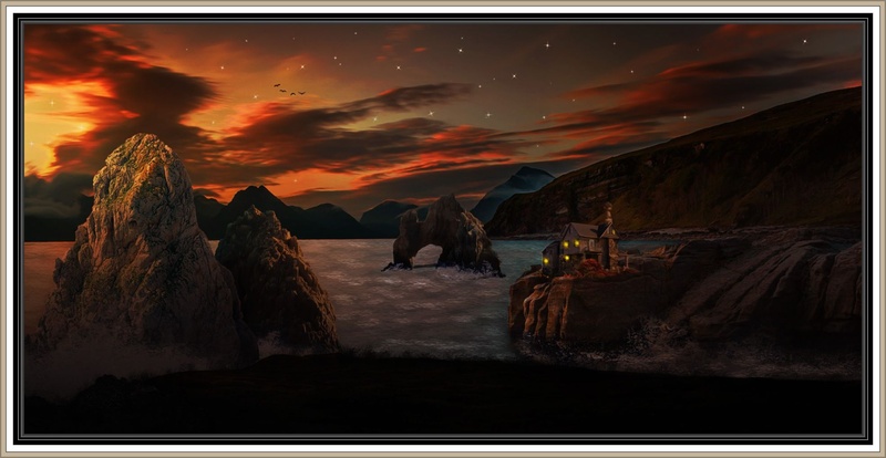 1080P, people, landscape, rear view, sea, illustration, real people, land, fantasy, mountains, men, nature, home, sky, formation, painting, composing