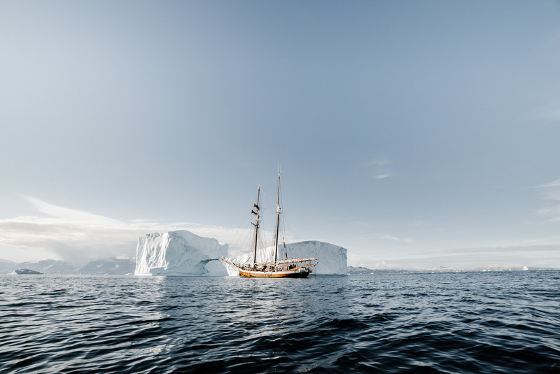 day, vehicle, iceberg, sky, sailing, no people, mountain, sea, ice, horizon over water, travel, vessel, sailboat, 5K, glacier, ship, yacht, water, outdoors