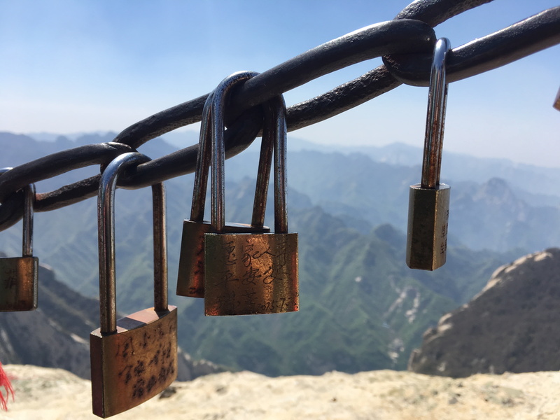 land, metal, outdoors, love lock, focus on foreground, day, pinus armandii, hanging, nature, rusty, padlock, railing, safety, sky, no people, security