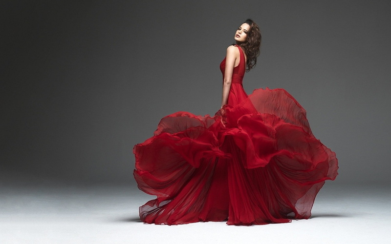 red dress, 720P, women, brunette, makeup, model, face