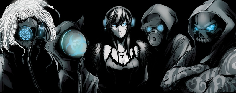 monochrome, eyes, mask, vocaloid, skull, jinbei, hat, necklace, luka, blue, megurine, cross, cleavage, tattoo, headphones, 1080P