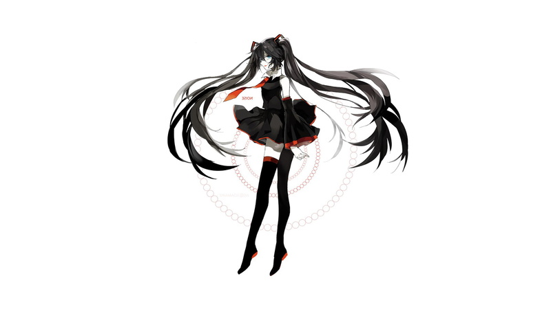 twintails, Vocaloid, hair ribbon, shirt, detached sleeves, anime girls, thigh high boots, zettai ryouiki, simple background, long hair, black hair, 1080P