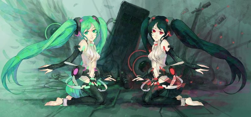 table, no people, plant part, vocaloid, art and craft, green color, plant, indoors, growth, Hatsune Miku, female likeness, representation, digital composite
