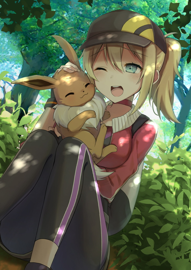 trainer, shrubs, Anime, pokemon go, eevee, 1080P