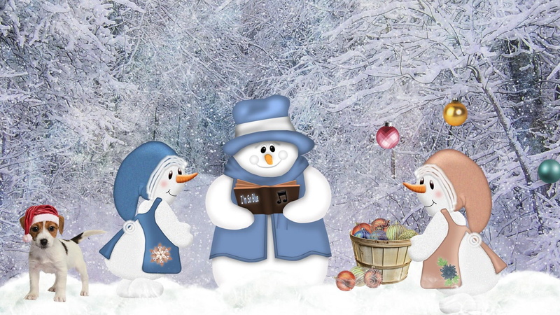 christmas, decorations, winter, firefox persona, 3d and abst, forest, snowman, carolers, puppy, basket, snow, 1080P