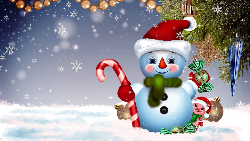 snowman, christmas, winter season, illustration, 4K, xmas, snowflakes