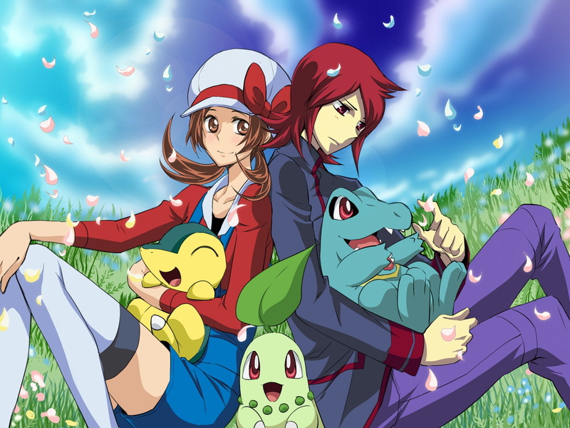 sky, positive emotion, togetherness, 720P, people, costume, happiness, men, females, Starter Pokemon, nature, Pokémon: HeartGold and SoulSilver, Cyndaquil (Pokémon)