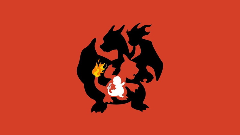 Starter Pokemon, silhouette, bird, 720P, red, group of animals, copy space, Charmeleon (Pokémon), colored background, Charizard (Pokémon), motion, togetherness