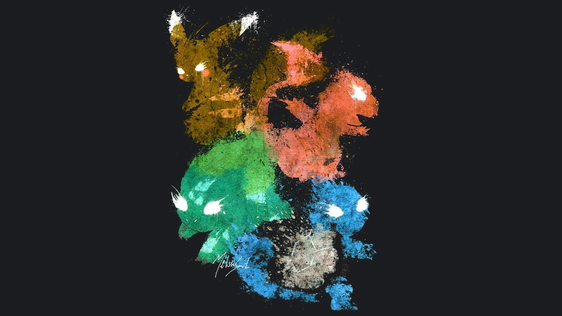 Pokémon, black background, starters, Pikachu, 1080P