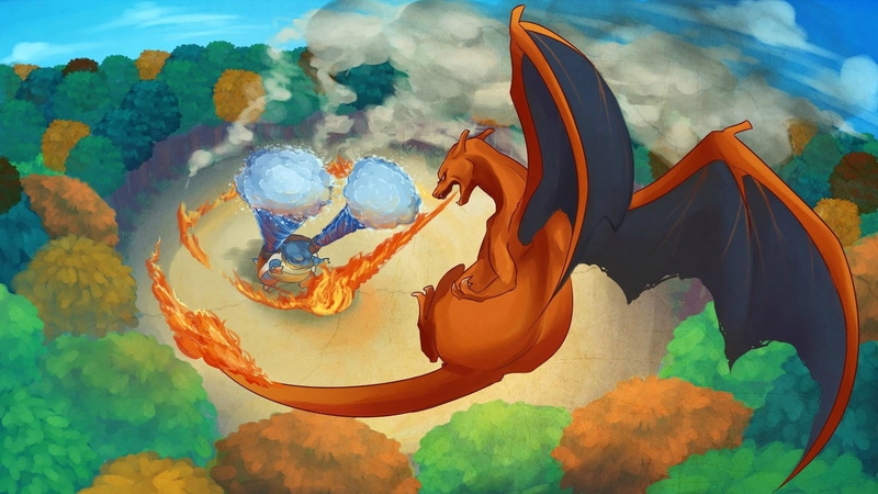Blastoise, dragon, fire, Charizard, 1080P, artwork, Pokémon, water, fantasy art