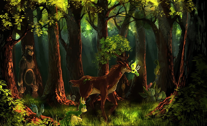 land, Treecko (Pokémon), sunlight, tranquility, tranquil scene, Celebi (Pokémon), Ivysaur (Pokémon), Pachirisu (Pokémon), outdoors, Ursaring (Pokémon)