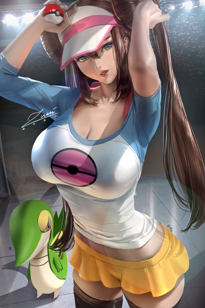 twintails, Pokémon, black stockings, fan art, digital art, looking at viewer, zumidraws, 2K, anime, blue eyes, Zumi, Rosa (Pokémon), T-shirt, artwork
