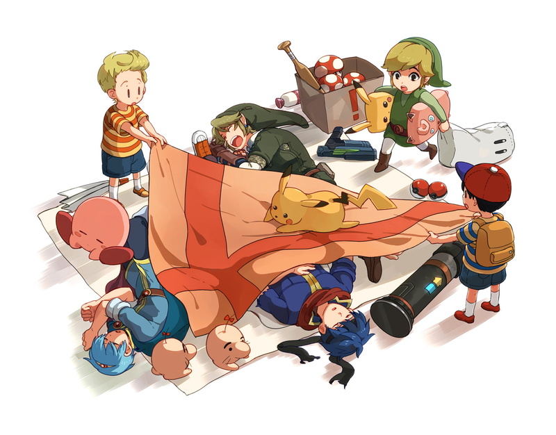 saturn, white, lucas, mother, 720P, weapon, 262459, kirby, com, hat, headband, pokemon, all, gloves, blue, gun, short, konachan, pikachu, ness, group