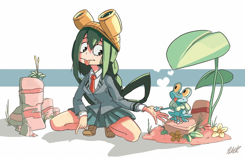 retro styled, Crossover, people, fun, adult, nature, women, clothing, cartoon, outdoors, Froakie (Pokémon), Boku no Hero Academia, Tsuyu Asui, 1080P, technology
