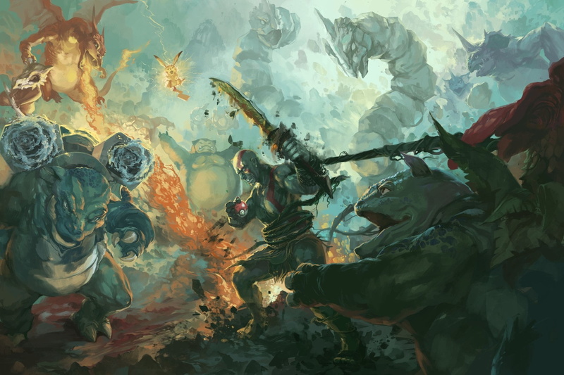 marine, full frame, God of War, nature, Kratos (God Of War), close-up, underwater, leaf, Blastoise (Pokémon), Venusaur (Pokémon), Rhydon (Pokemon), group of animals