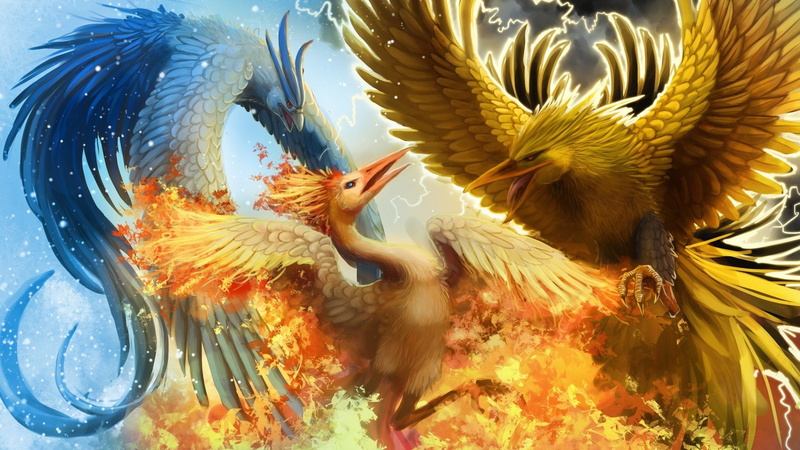 zapdos, war, art, pokemon, fantasy, articuno, sky, design, digital, moltres, 1080P, phoenix, creative