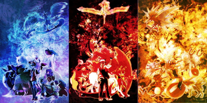 Pokémon, flames, Electric Pokémon, Zapdos (Pokémon), Moltres (Pokémon), orange, red, Ice Pokémon, paintings, Fire Pokémon, blue, 1080P, Articuno (Pokémon